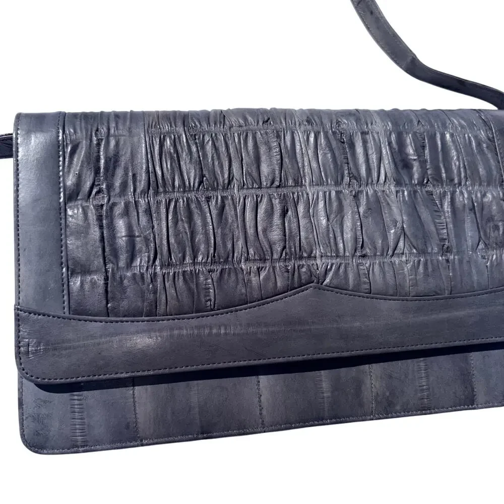 Vintage Genuine Eel Skin Ruched Envelope Clutch Handbag Gray Convertible Strap - Picture 1 of 10